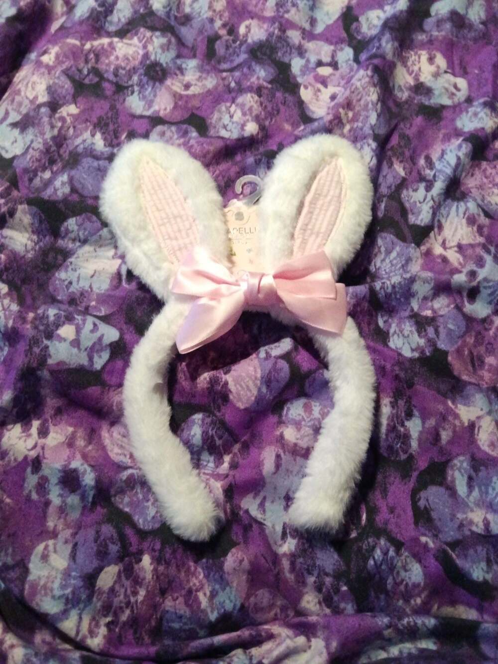 Capelli NY White Fuzzy Bunny Ears Headband with Pink Satin Bow – New